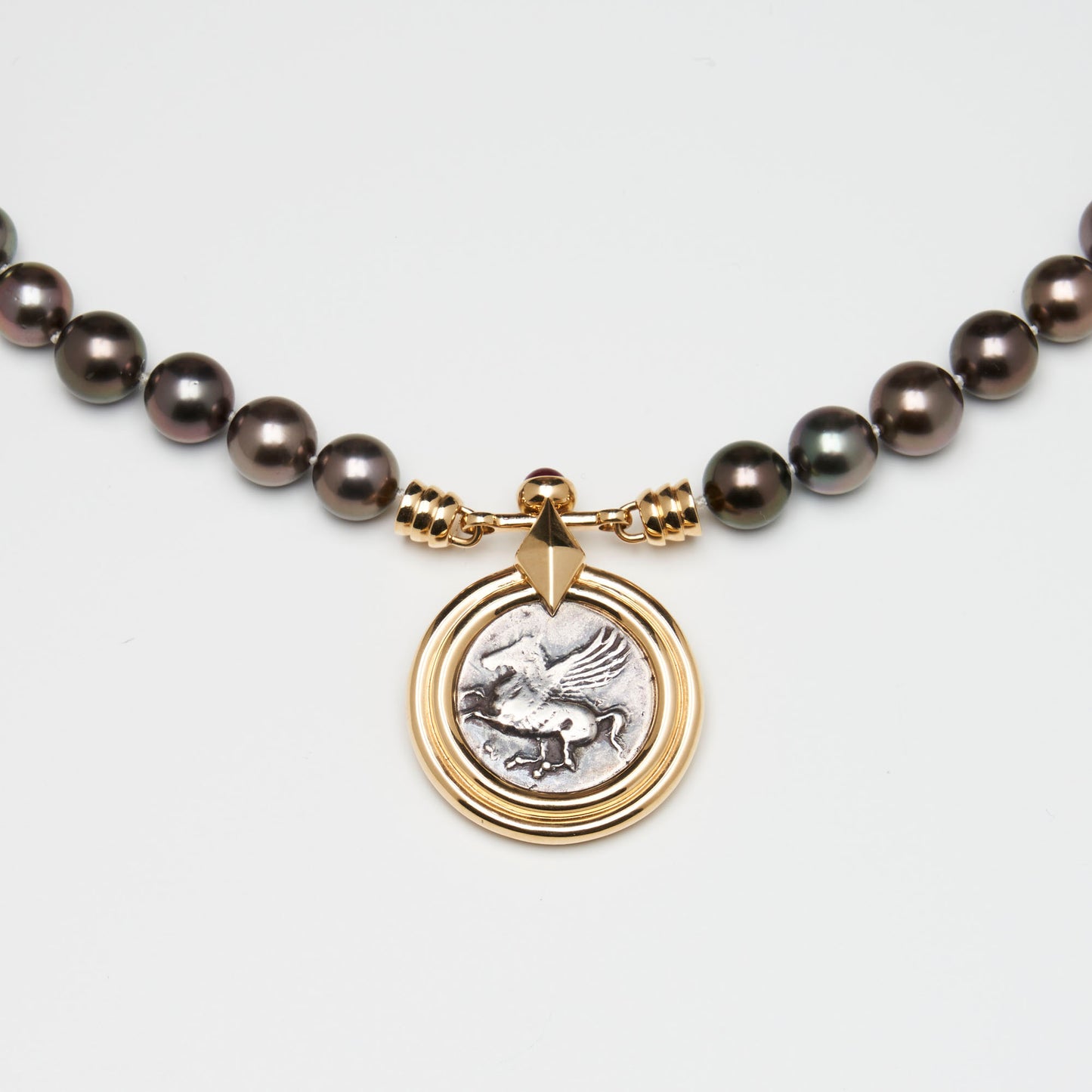 Tahitian Pearl Necklace with 18K Gold Athena/Pegasus Coin & Black Pendant