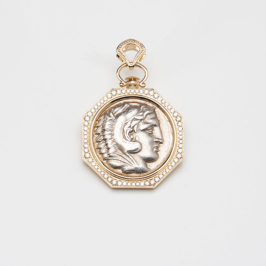 18K Gold Alexander The Great Coin Pendant w/Diamond