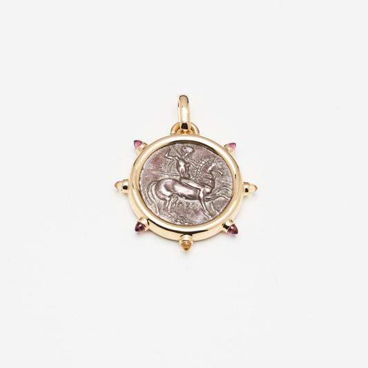 18K Gold Multi-gemstone Coin Pendant