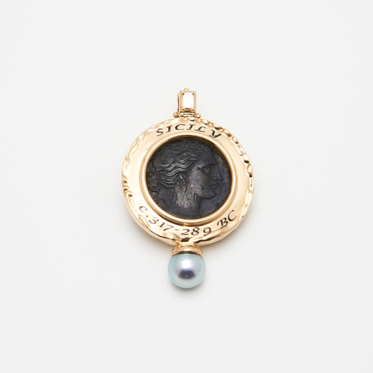 18K Gold & Pearl Bronze Coin Pendant